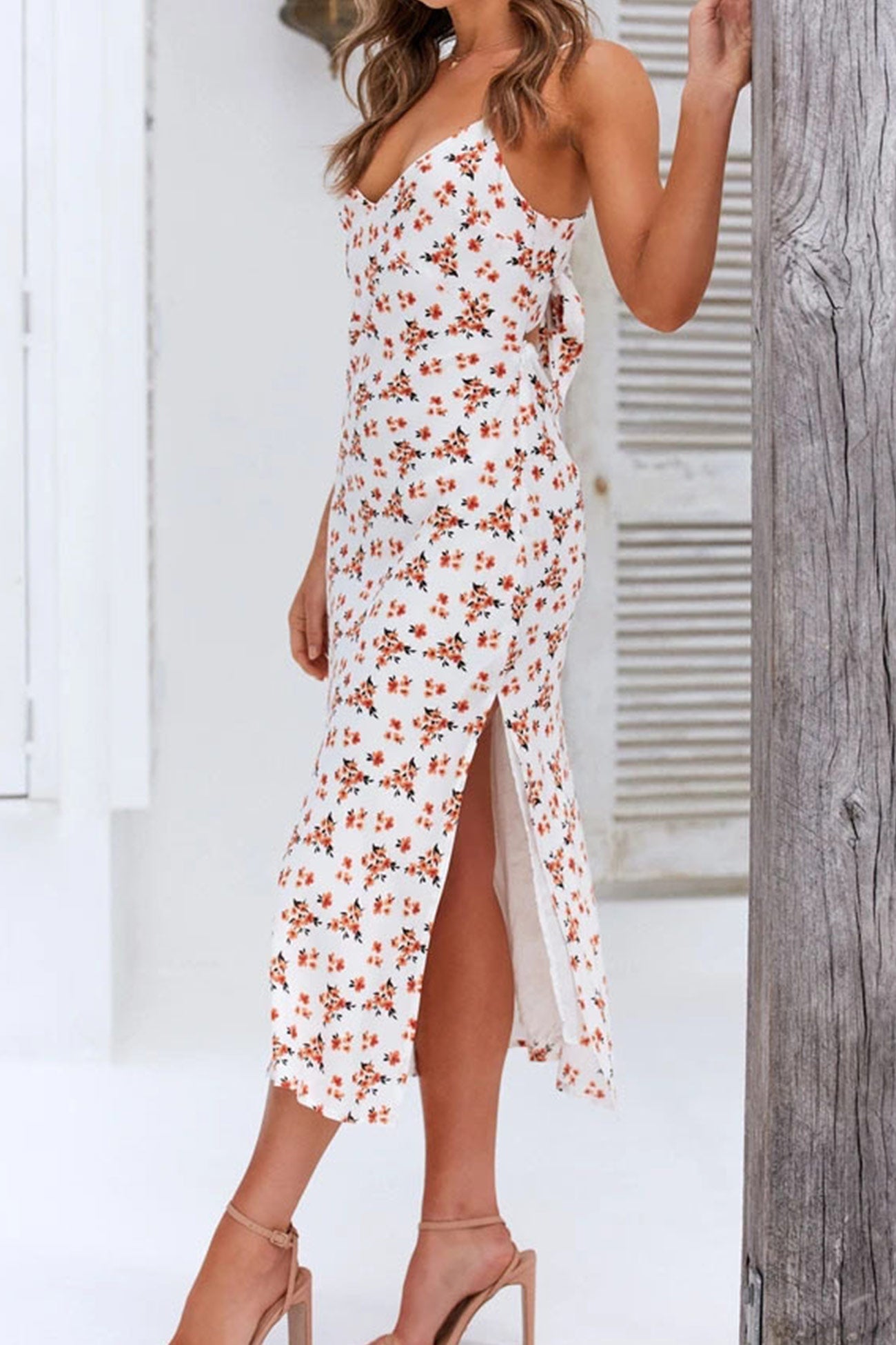 Print Low Cut Slit Cami Dress