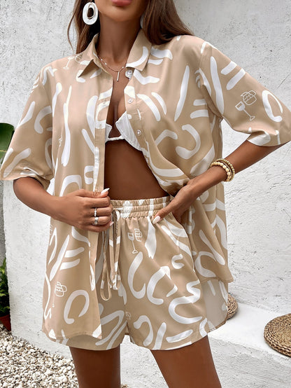 Print Short Sleeve Shirt&print Shorts Set