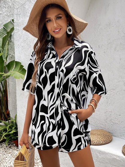 Print Short Sleeve Shirt&print Shorts Set