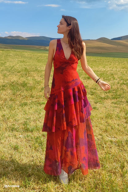Print Tie-up Back Chiffon Tiered Dress