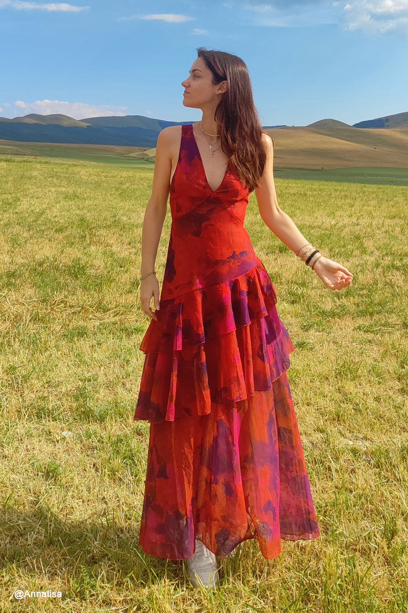 Print Tie-up Back Chiffon Tiered Dress