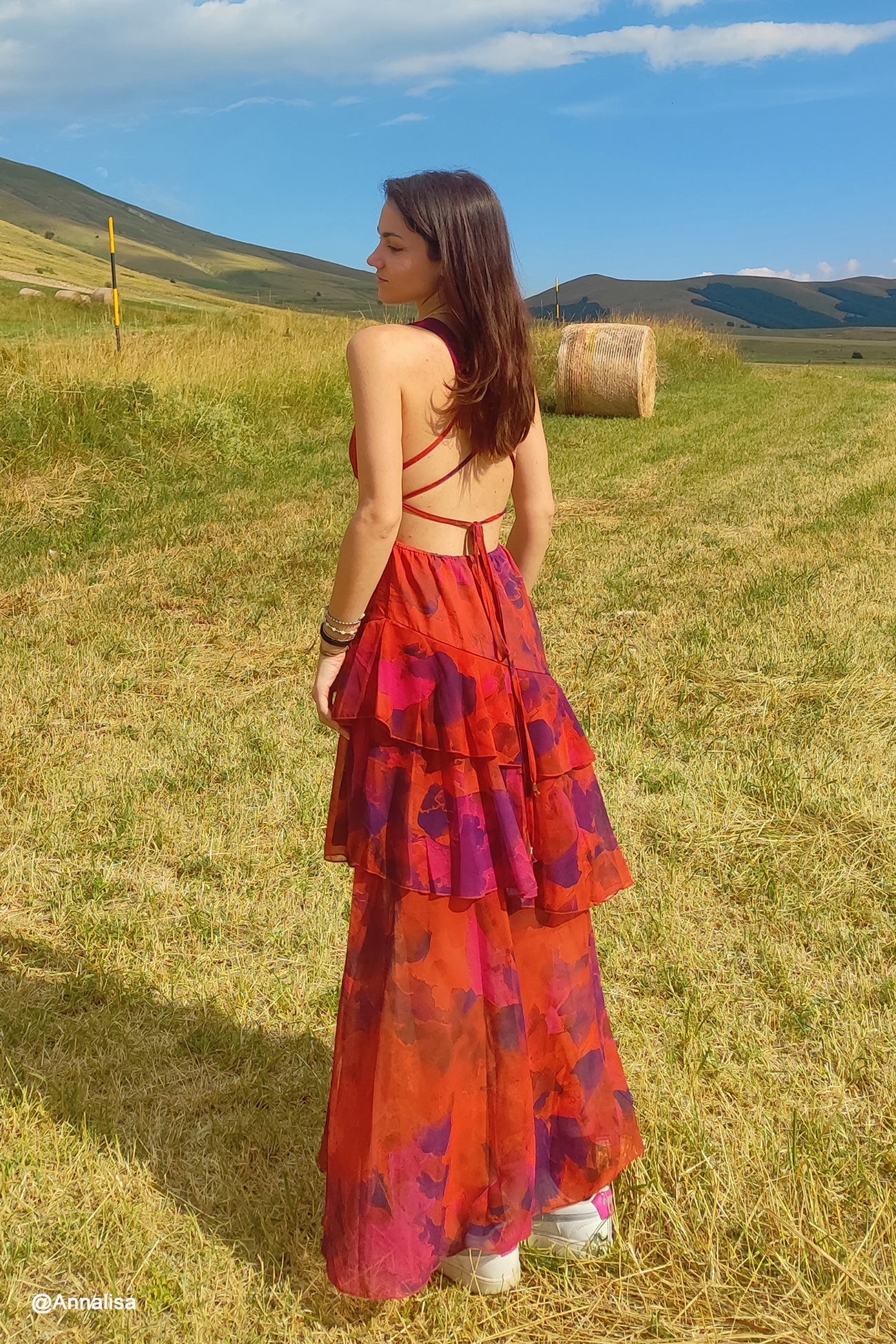 Print Tie-up Back Chiffon Tiered Dress