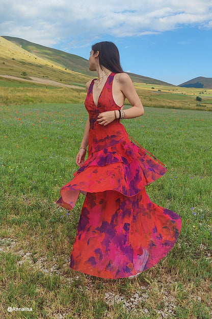 Print Tie-up Back Chiffon Tiered Dress