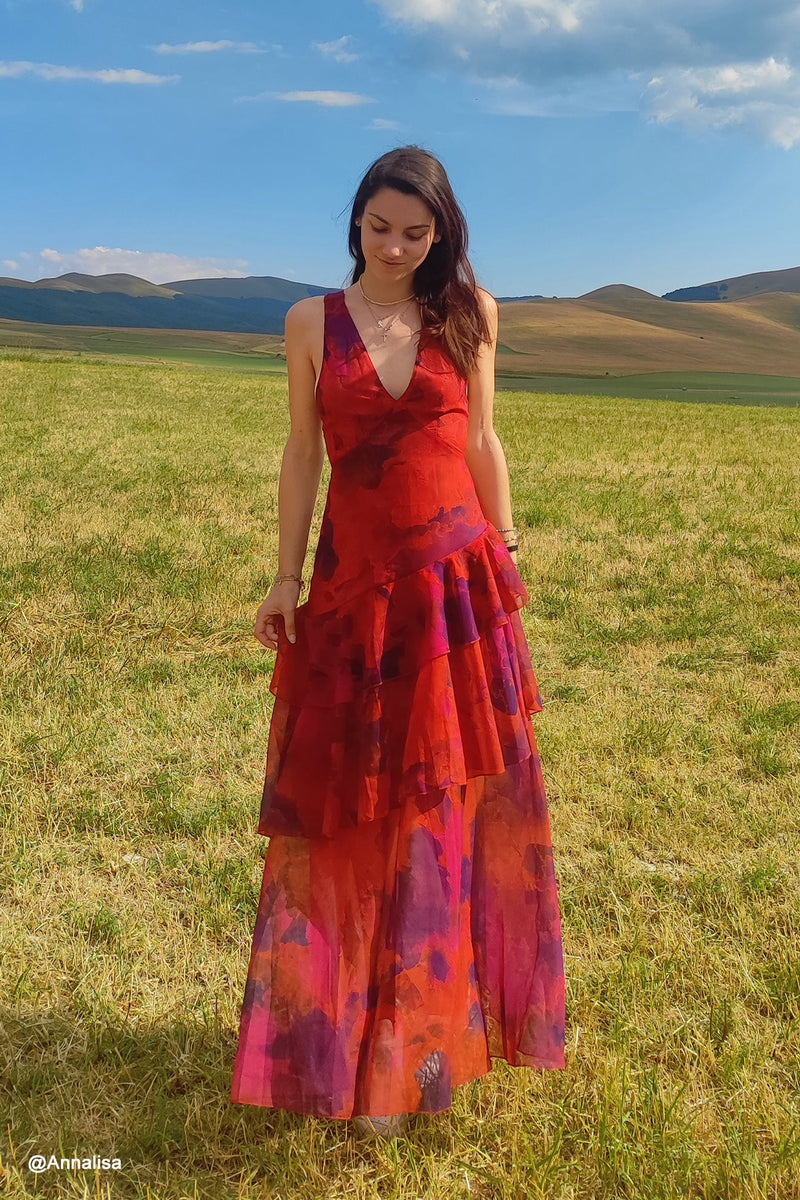 Print Tie-up Back Chiffon Tiered Dress