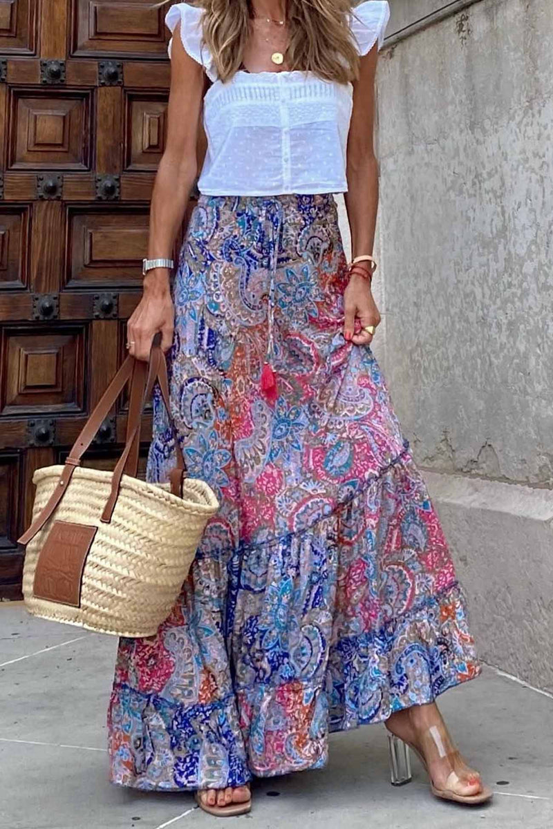 Printed Patchwork Ruffle Midi Skirt