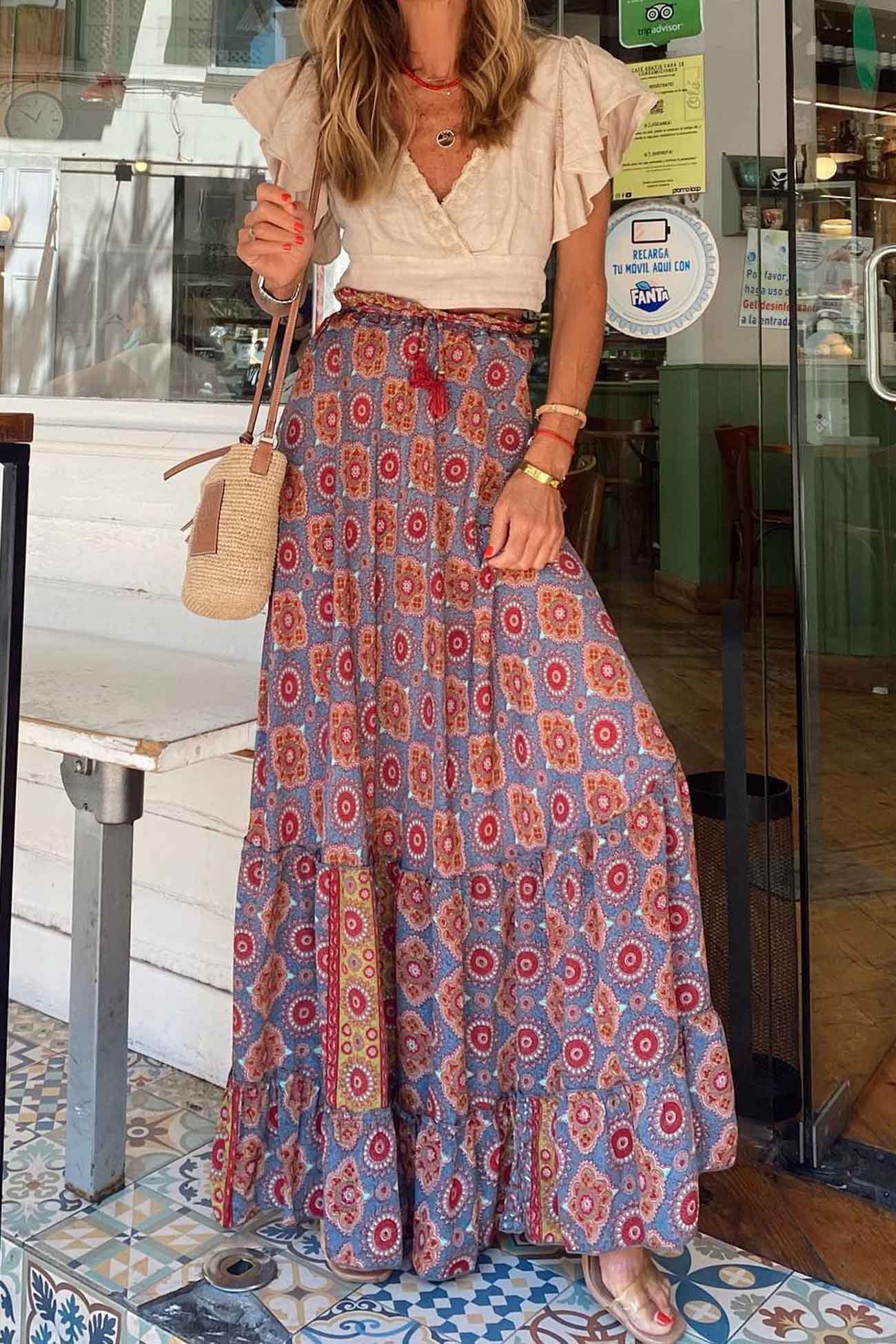 Printed Patchwork Ruffle Midi Skirt