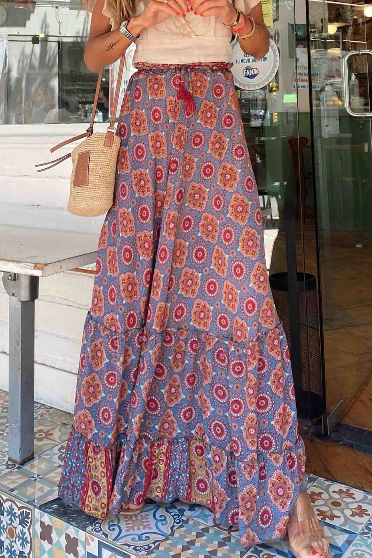 Printed Patchwork Ruffle Midi Skirt