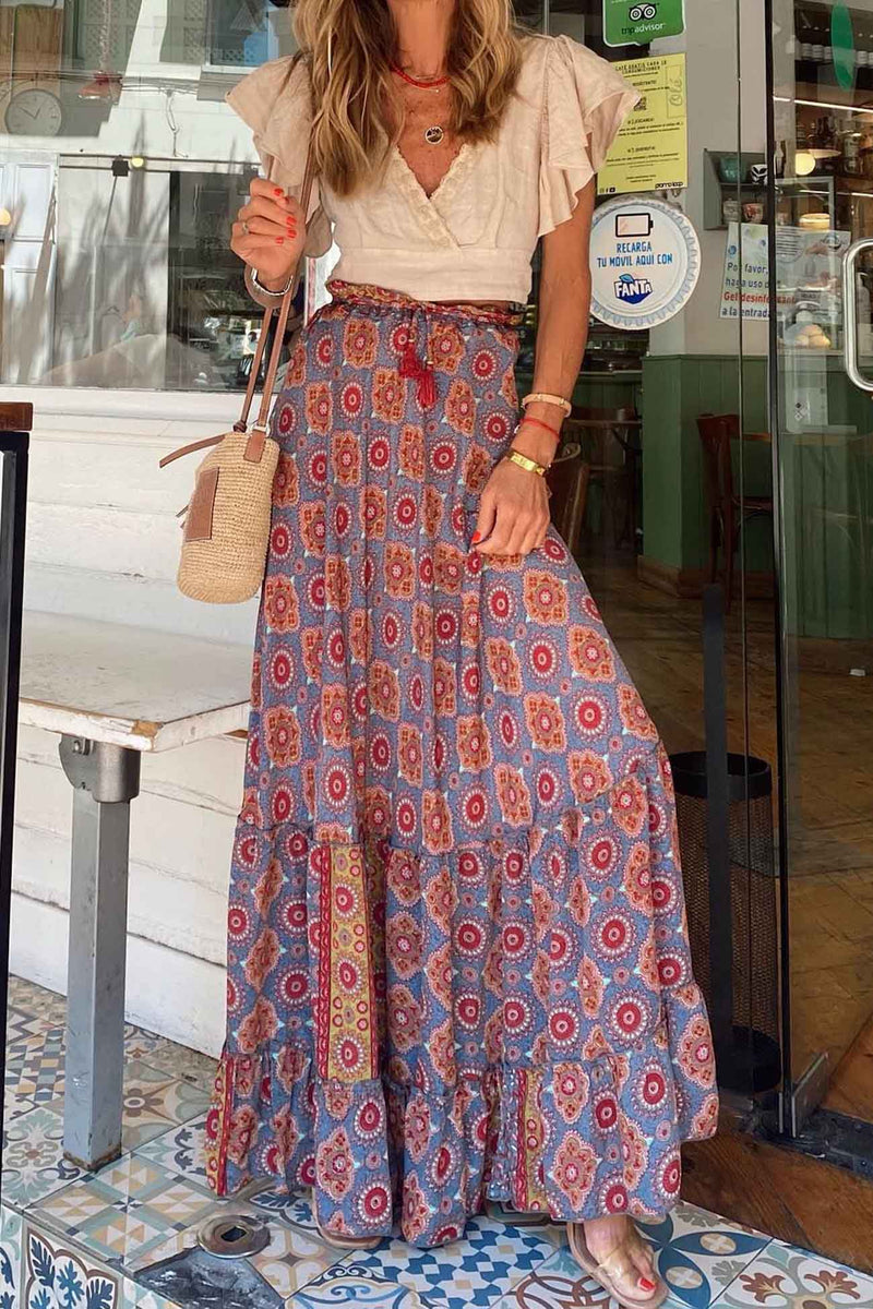 Printed Patchwork Ruffle Midi Skirt