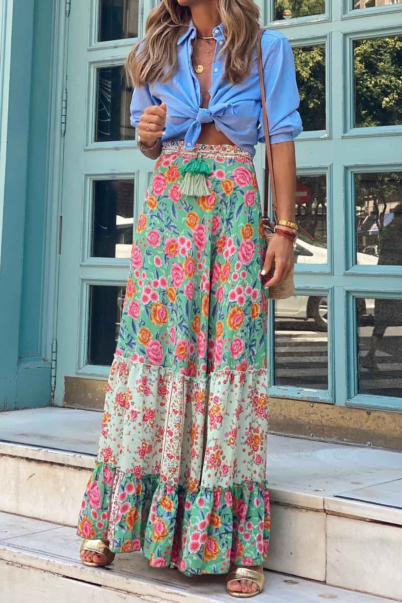 Printed Patchwork Ruffle Midi Skirt