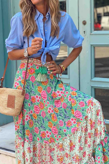 Printed Patchwork Ruffle Midi Skirt