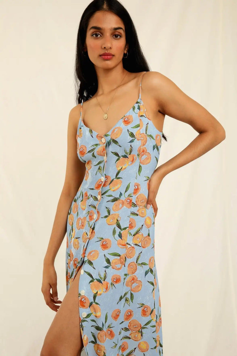 Fruit Print Cami V-neck Buttoned Midi Dress