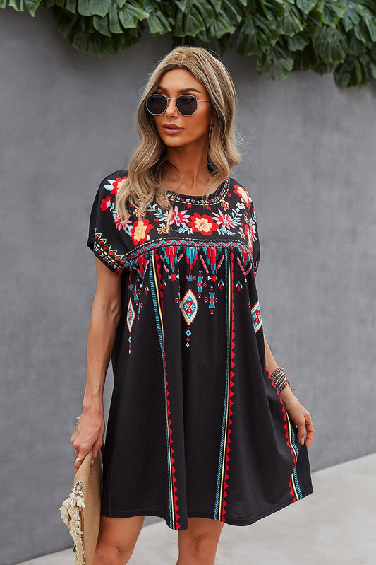 Embroidered Short Sleeve Mini Dress