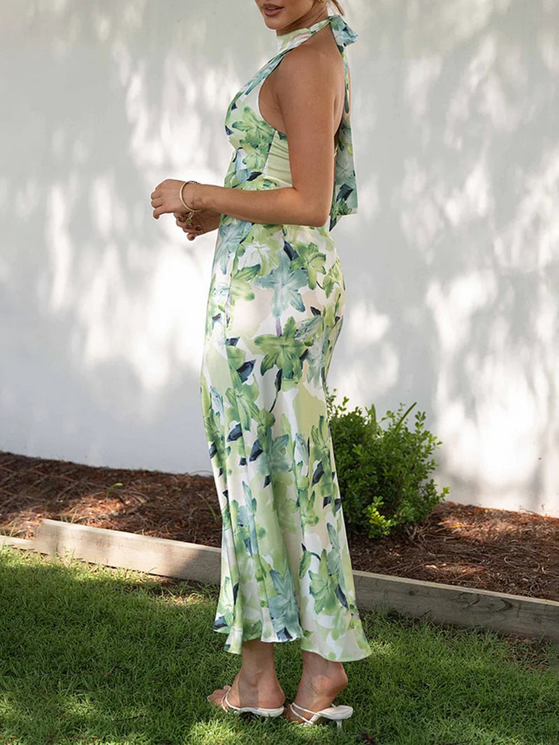 Print Halter Backless Flowy Vacation Maxi Dresses