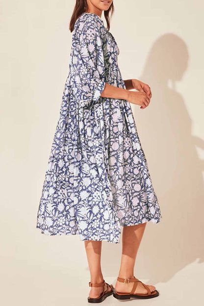 Printed Lantern Sleeve V Neck Midi Dress