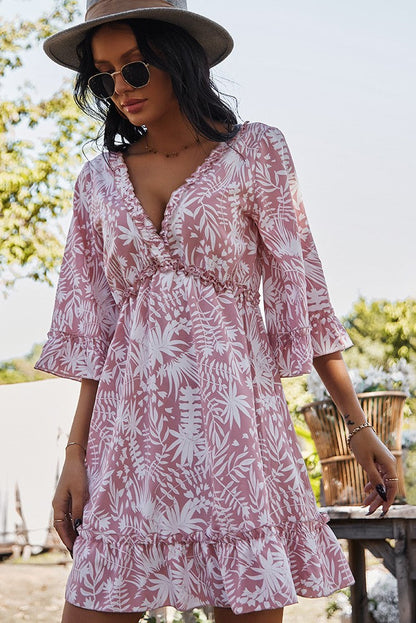 V-neck Mid Sleeve Backless Lace Up Ruffle Hem Mini Dress