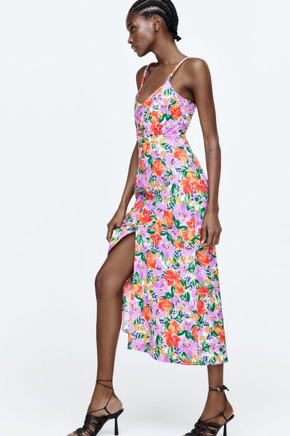 Buttoned Cami Slit Midi Dress