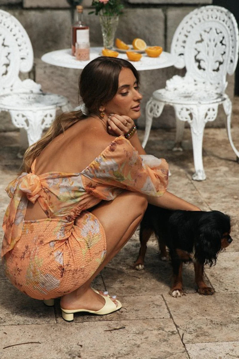Lantern Sleeve Backless Lace Up Mini Dress