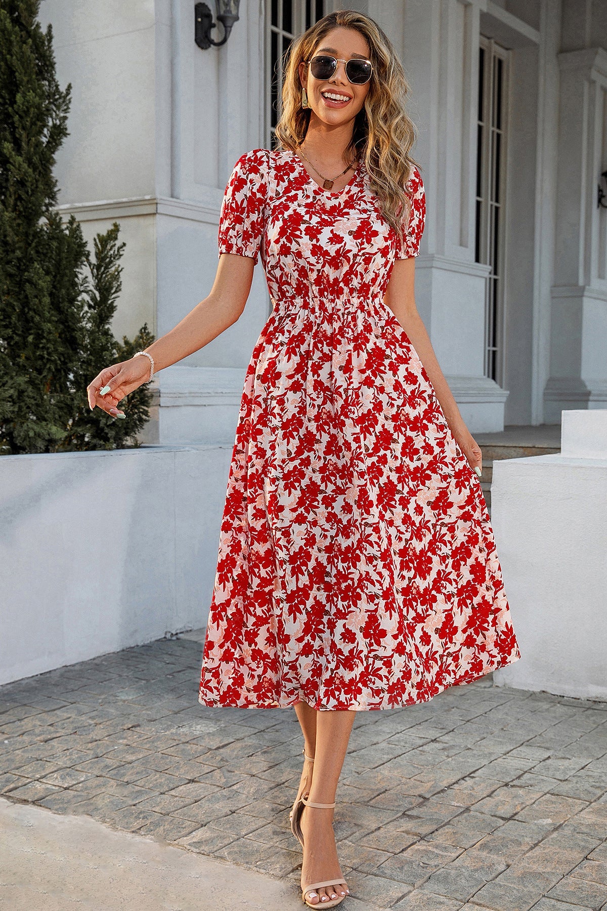 Puff Sleeve Lace Up Backless Midi Dress