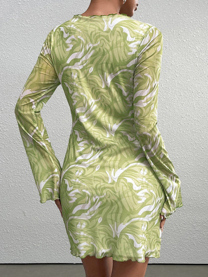 Flounce Sleeve Print Mesh Mini Dress