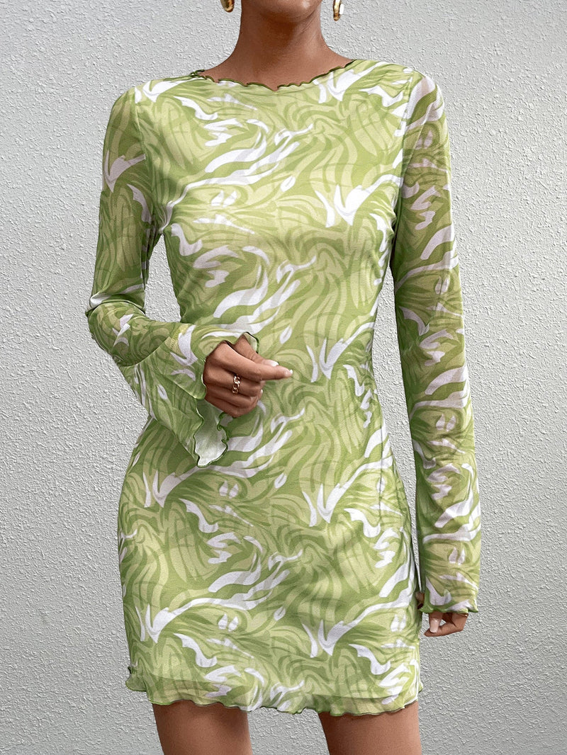 Flounce Sleeve Print Mesh Mini Dress