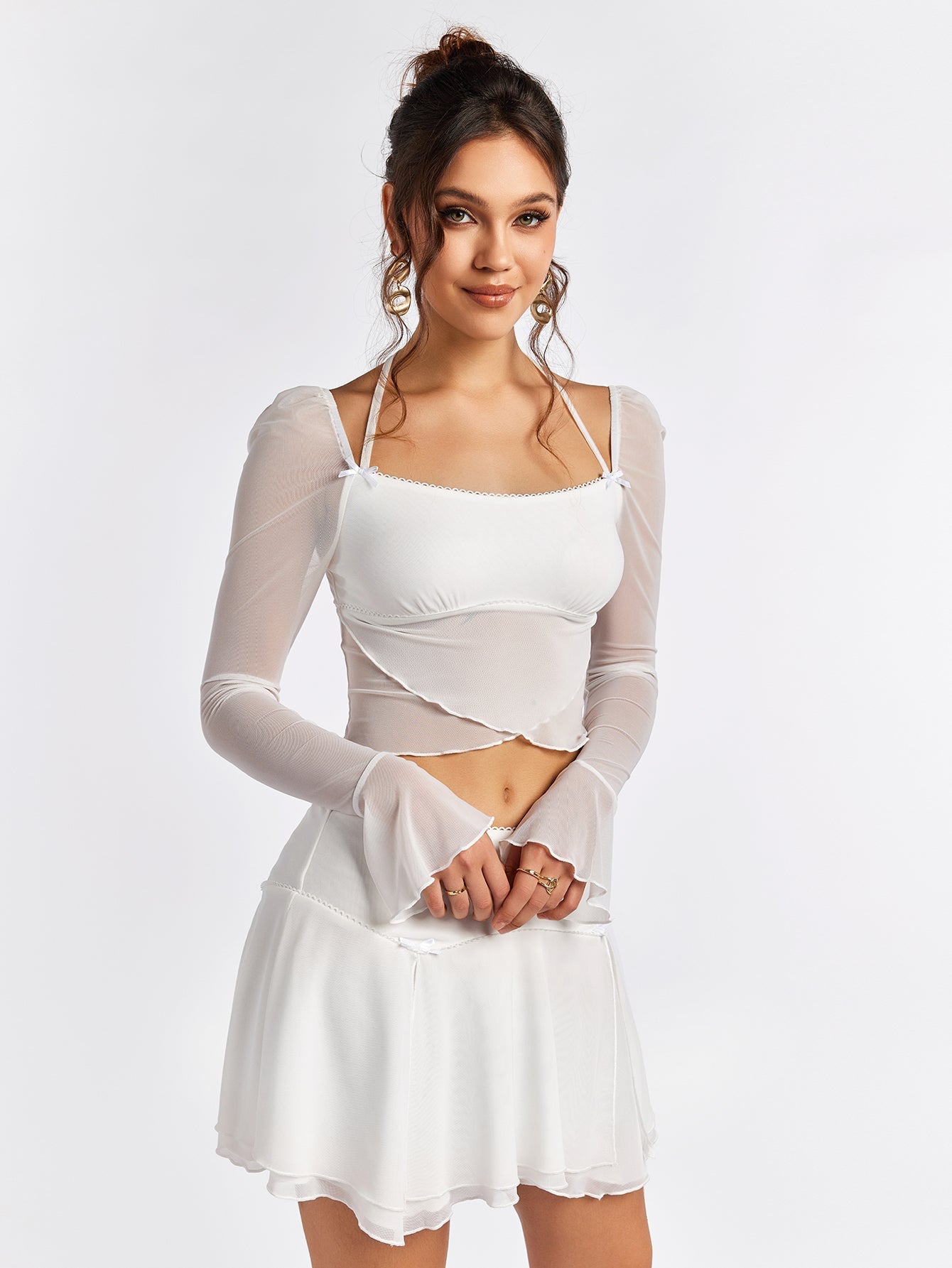 Flounce Sleeve Halter Mesh Crop Top&flared Hem Skirt