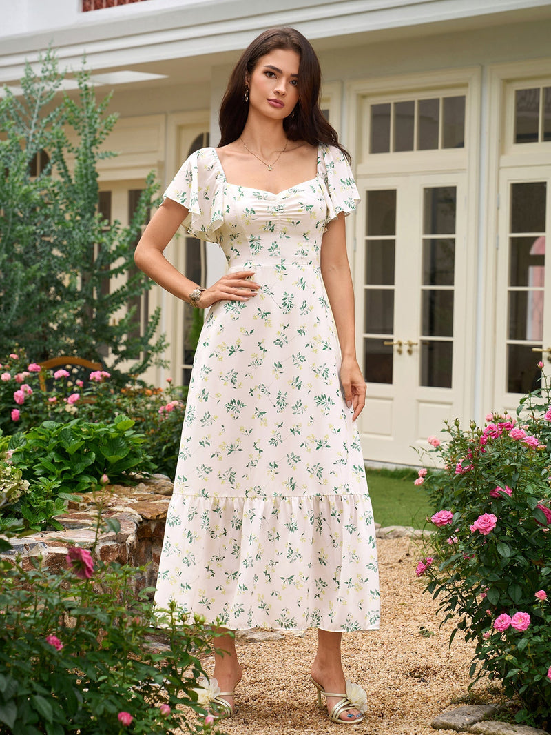 Flounce Sleeve Ruched Backless Print Dress