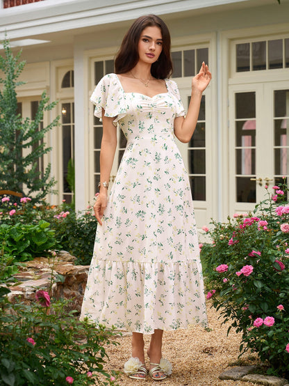 Flounce Sleeve Ruched Backless Print Dress