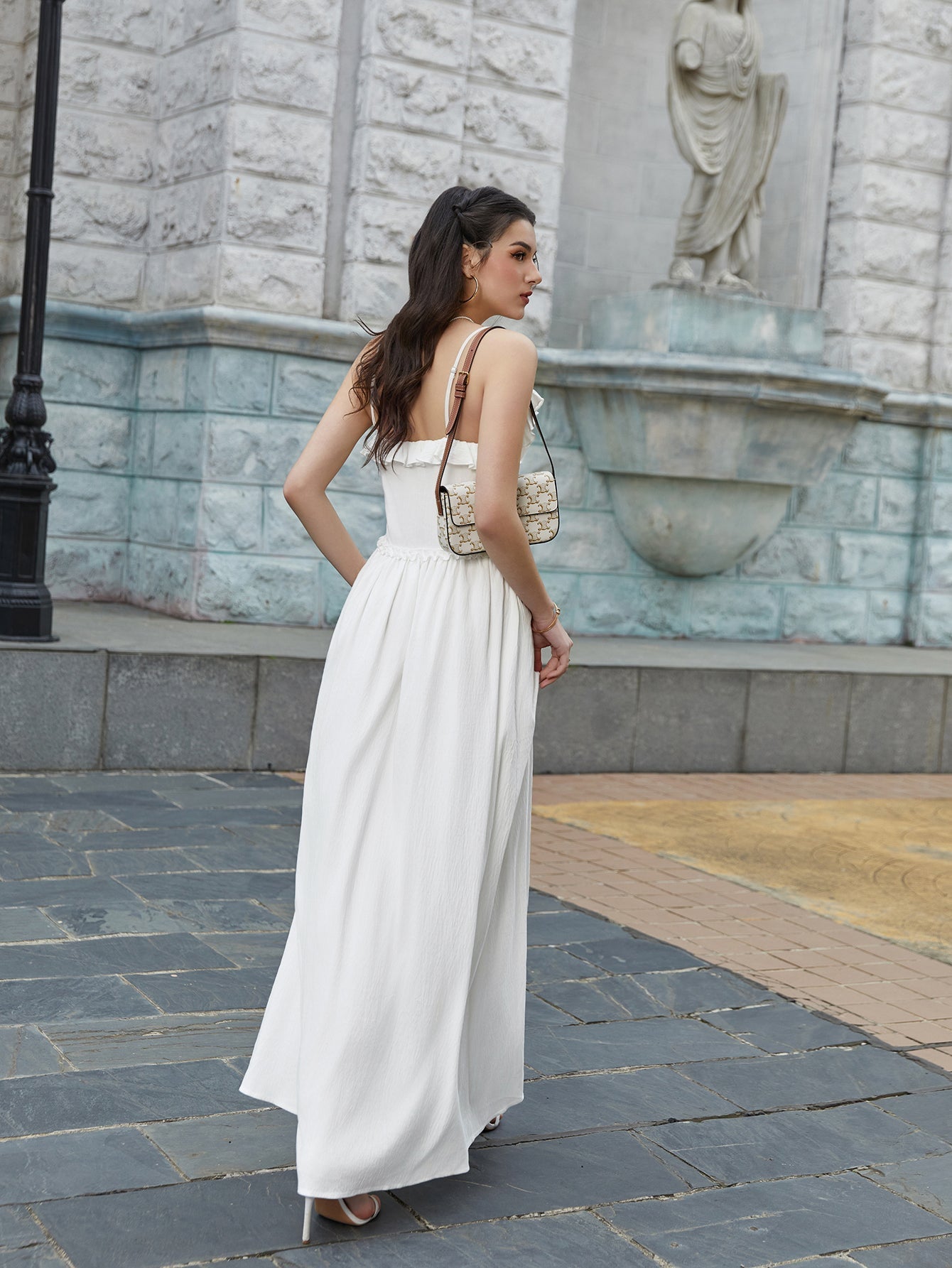 Flounce Trim Tie Front Cami Long Dress