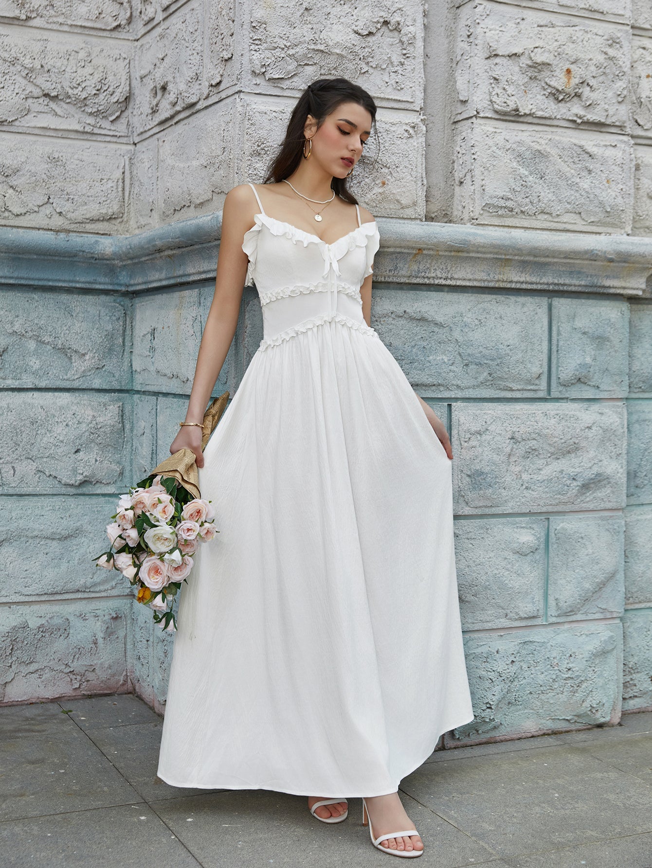Flounce Trim Tie Front Cami Long Dress