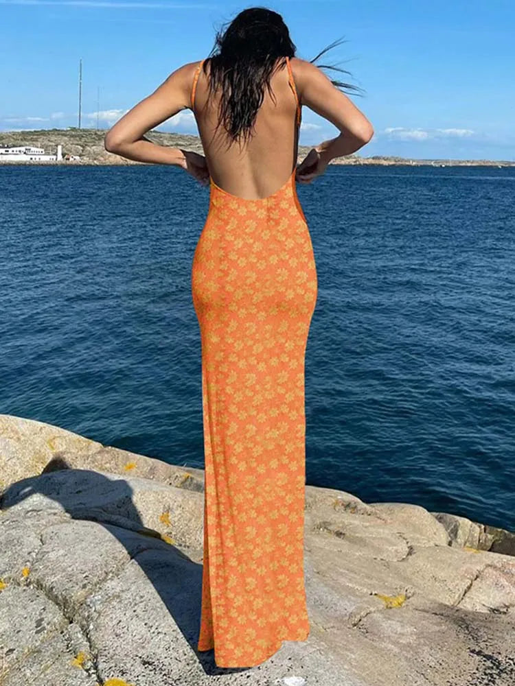 Flower Slip Sleeveless Backless Slim Spring Party Concise Midi Dresses