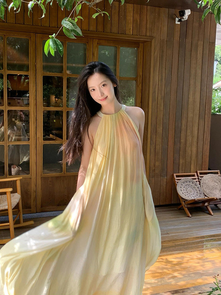 Flowy Yellow Tie-dye V-neck Maxi Dress _ Ethereal Summer Escape
