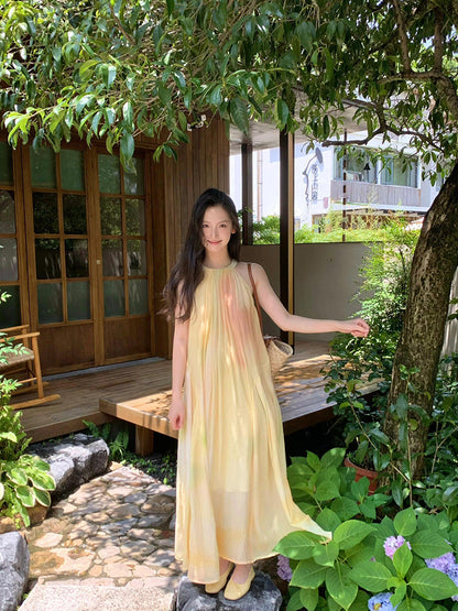 Flowy Yellow Tie-dye V-neck Maxi Dress _ Ethereal Summer Escape