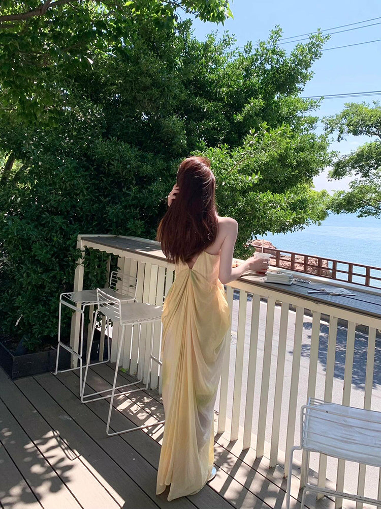 Flowy Yellow Tie-dye V-neck Maxi Dress _ Ethereal Summer Escape