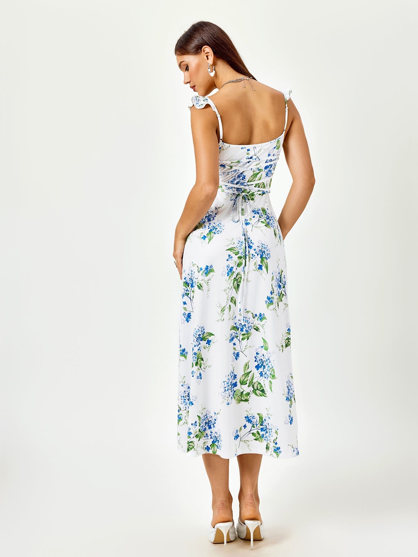 Fly Sleeve V-neck Crisscross Tie Back Print Dress