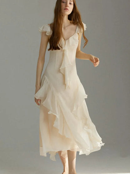 French Ruffles Midi Dress Summer New Sleeveless V-neck Holiday Beach Style A-line Party Prom Robe Vestido Mujer