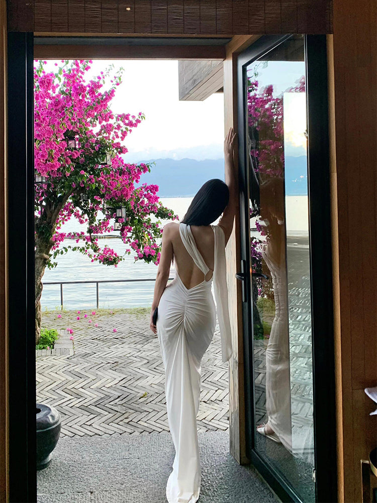 French-inspired White Ribbon Tie Backless Maxi Dress _ Beach & Evening Elegance