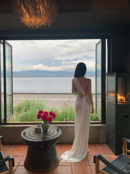 French-inspired White Ribbon Tie Backless Maxi Dress _ Beach & Evening Elegance