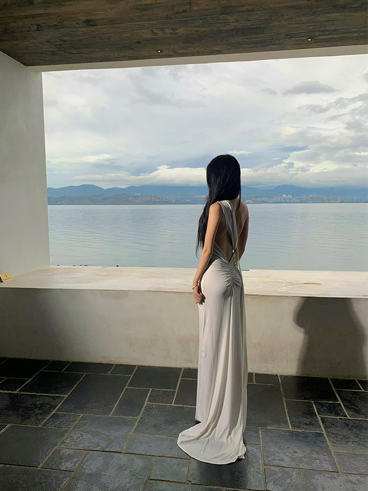 French-inspired White Ribbon Tie Backless Maxi Dress _ Beach & Evening Elegance