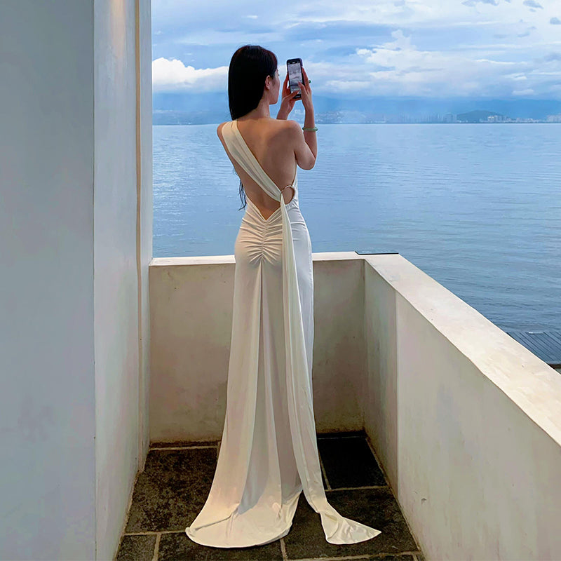 French-inspired White Ribbon Tie Backless Maxi Dress _ Beach & Evening Elegance