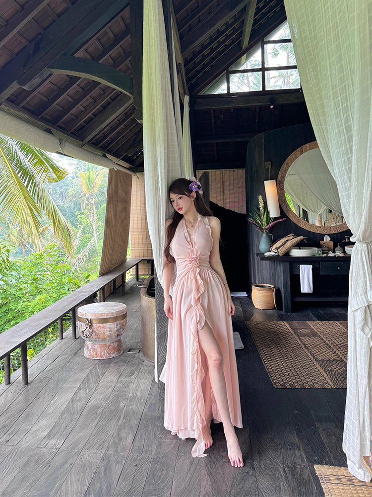 French Beach Chiffon Halter Maxi Dress _ Dreamy Flowing Sundress