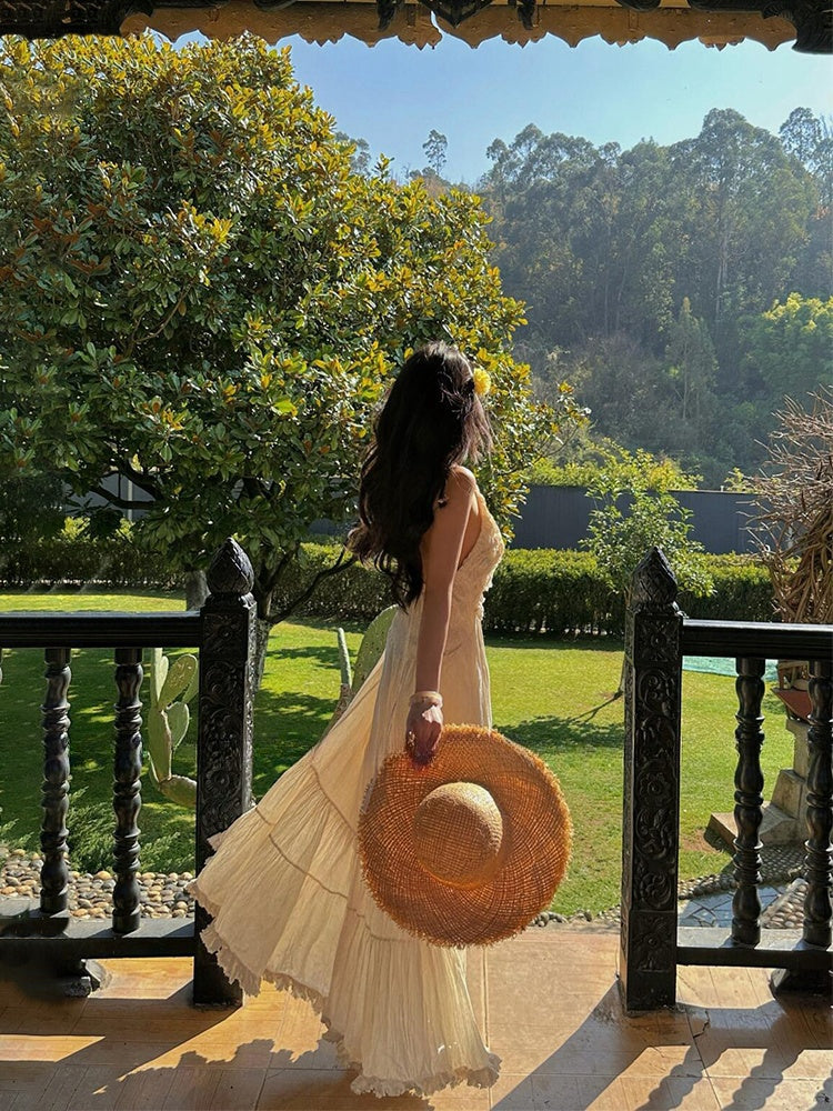 French Halter V-neck Backless Maxi Dress _ Beach Vacation Sundress