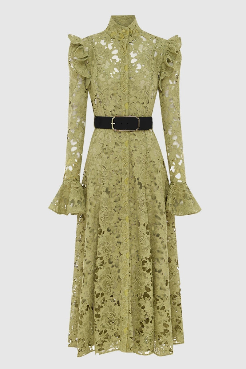 Freya Ruffle Lace-embroidered Belted Midi Dress - Green