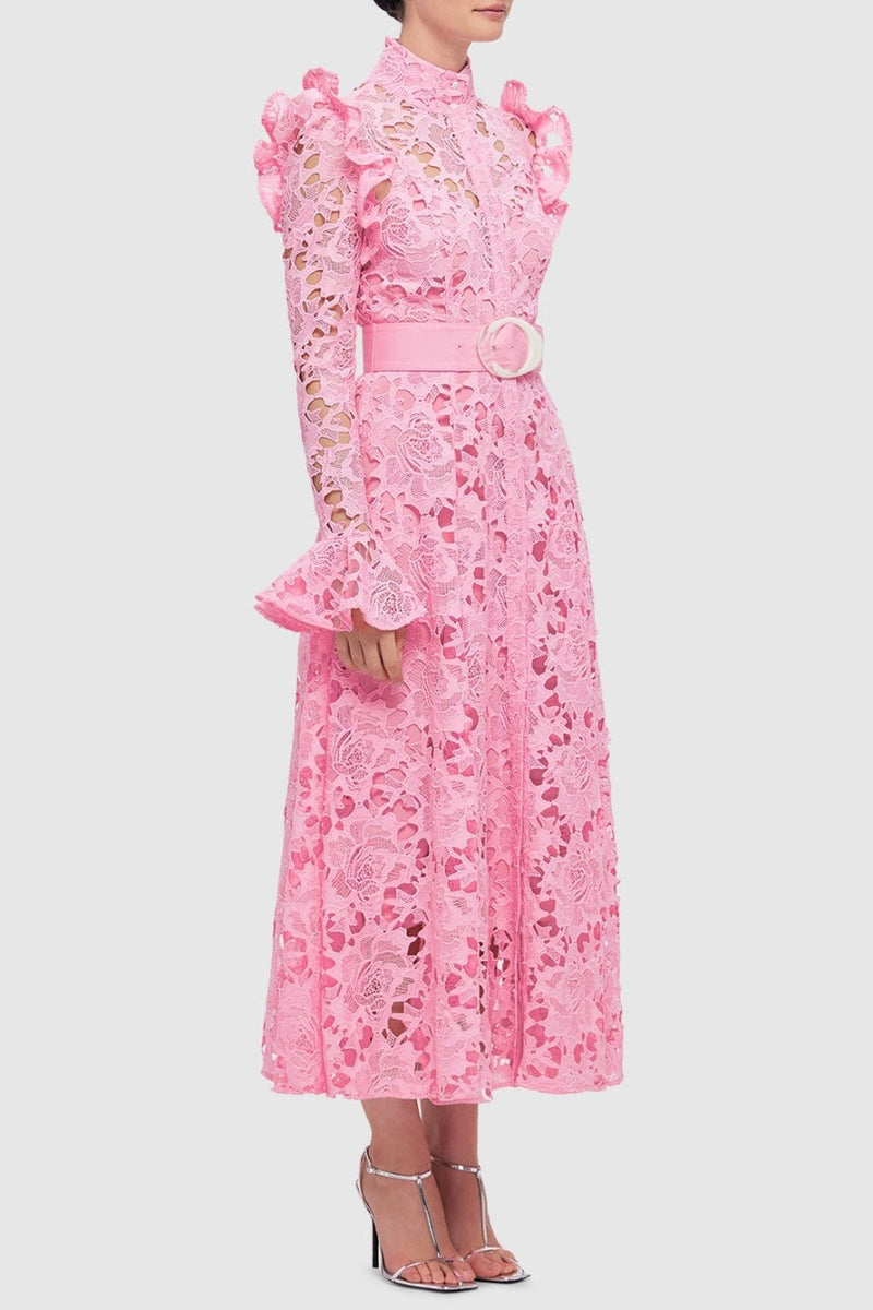 Freya Ruffle Lace-embroidered Belted Midi Dress - Pink