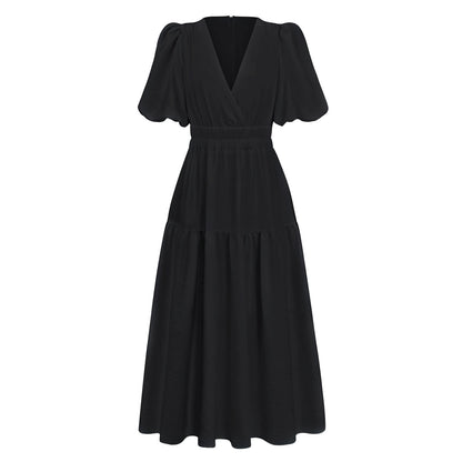 Kimona Smocked Short Sleeve Maxi Dress - Black