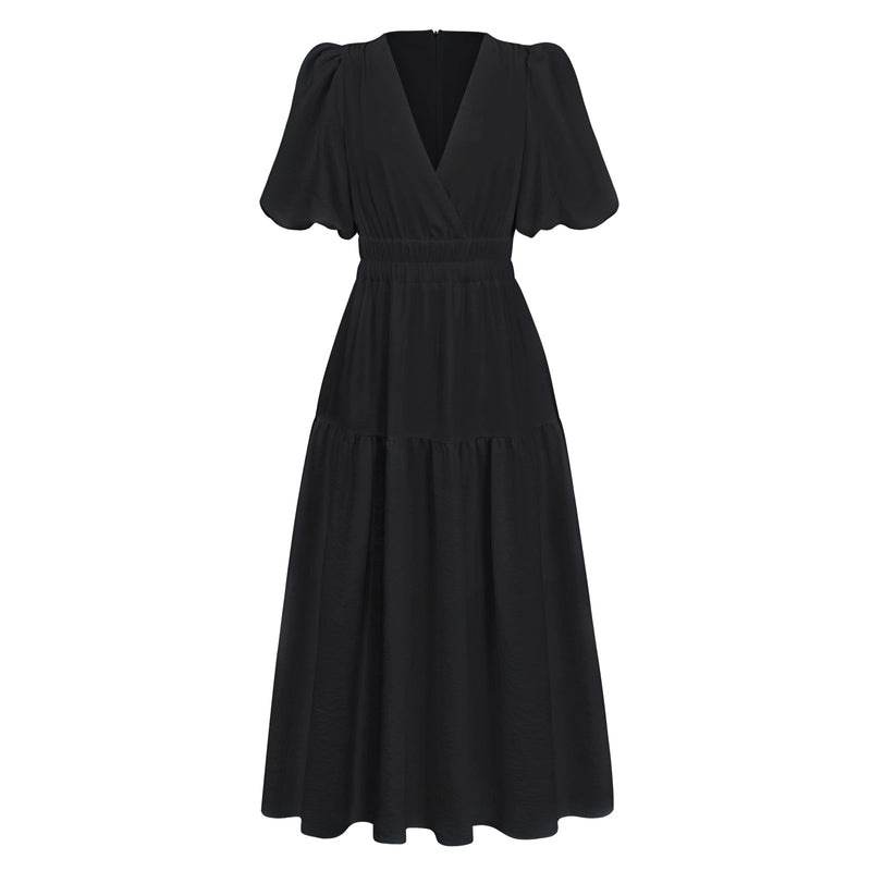 Kimona Smocked Short Sleeve Maxi Dress - Black
