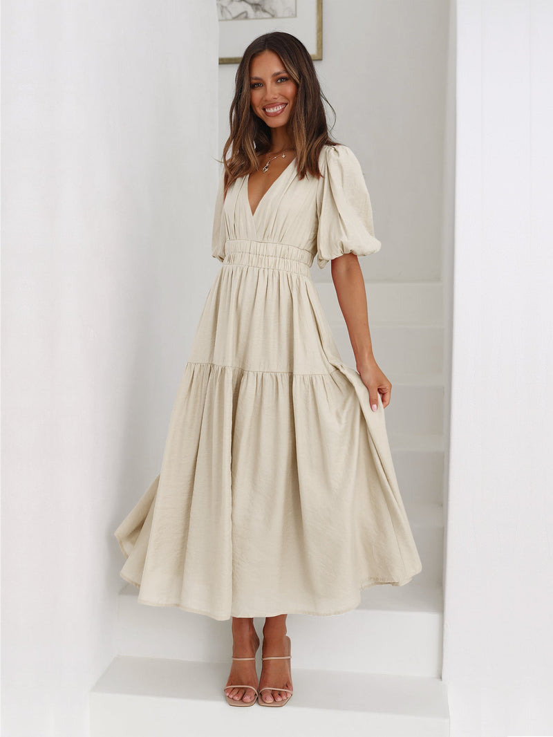 Kimona Smocked Short Sleeve Maxi Dress - Beige