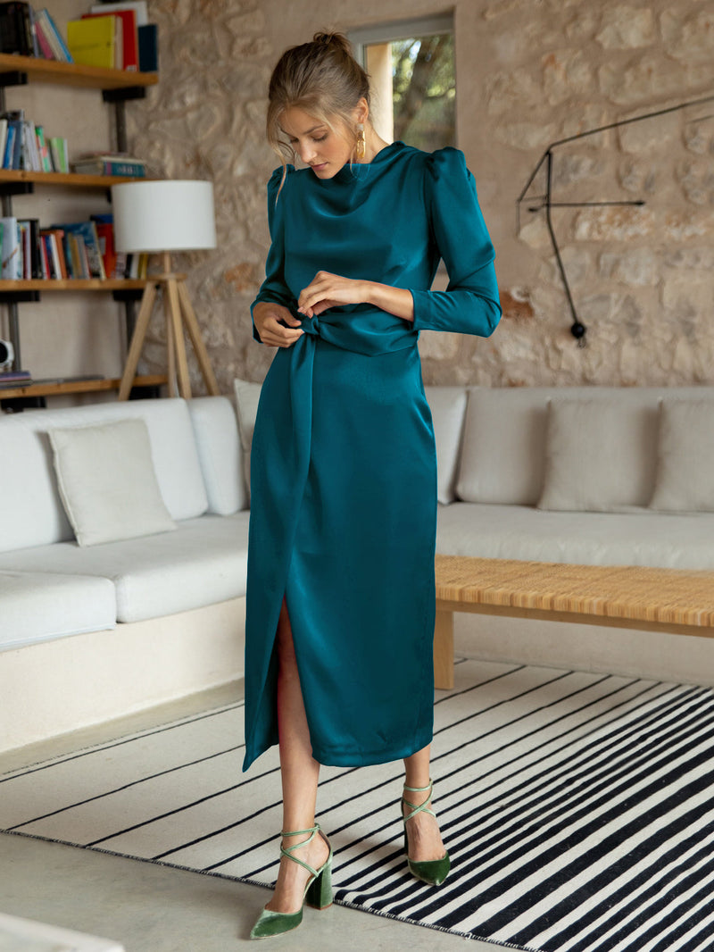 Ximena Satin Long Sleeve Midi Dress - Teal