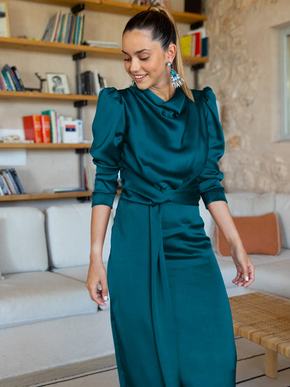 Ximena Satin Long Sleeve Midi Dress - Teal