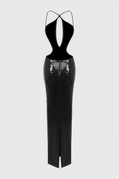 Creamy Black Cutout Sequin Maxi Dress