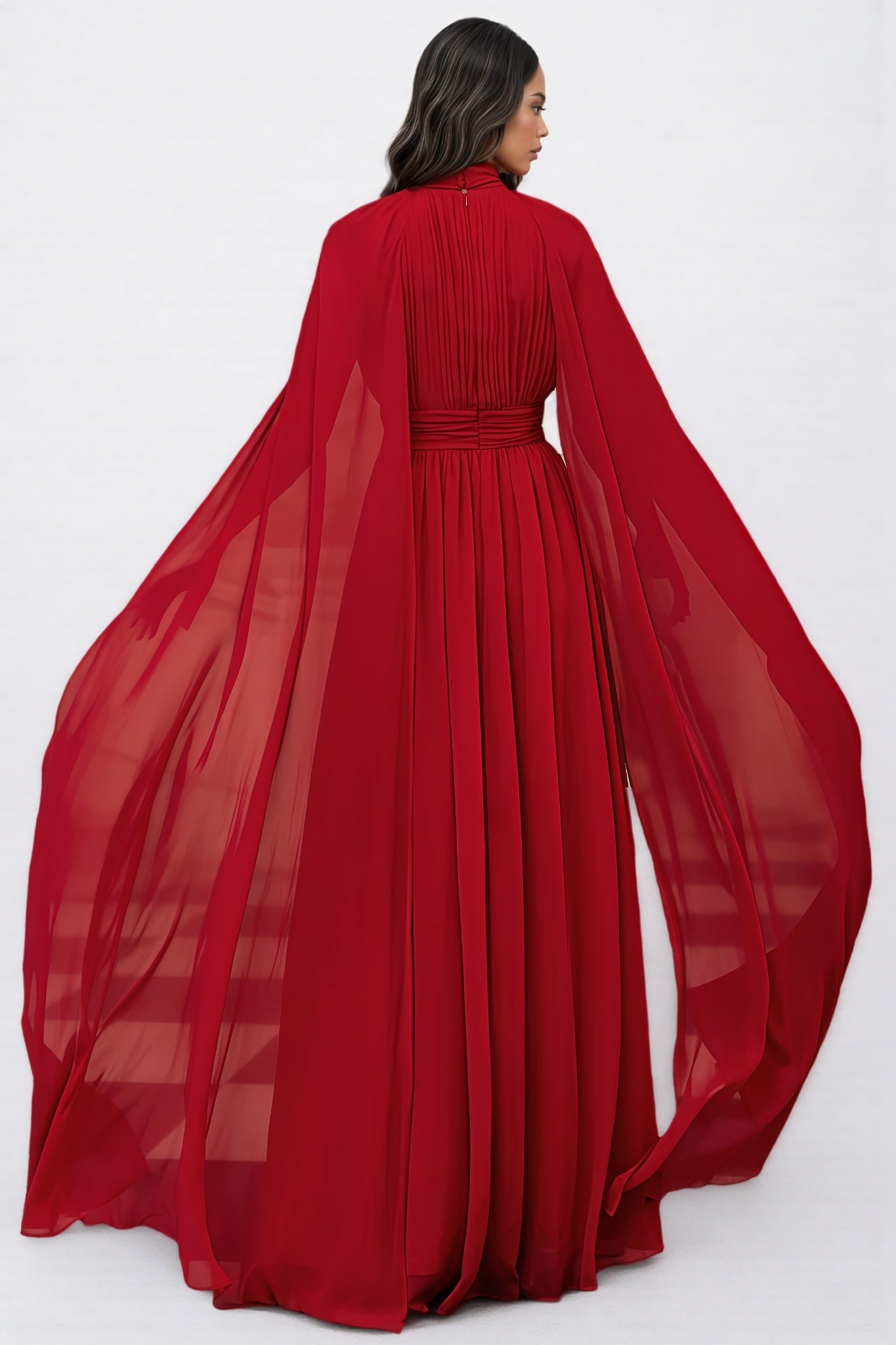Berit Red Cape Sleeve Mesh Maxi Dress